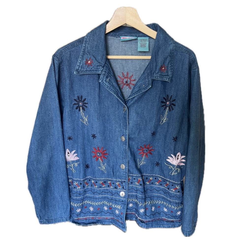 Nectar Womens SizeXL Floral Embroidered Long Sleeve Denim Blue Jean Shirt/Jacket - Picture 2 of 7